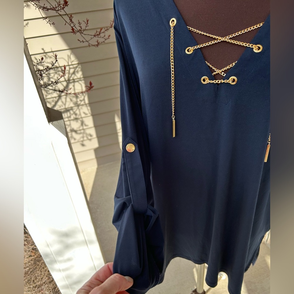 MICHAEL KORS s2X gorgeous navy tunic-looks NEW-gold tone chain neck detail
